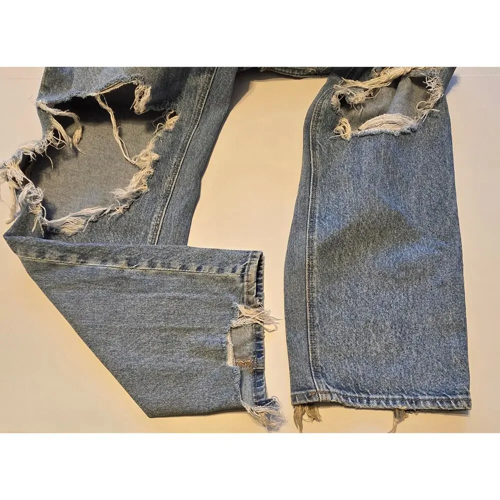 American Eagle High Rise Baggy Straight Jeans Womens 8 Reg Blue Thrashed Ripped